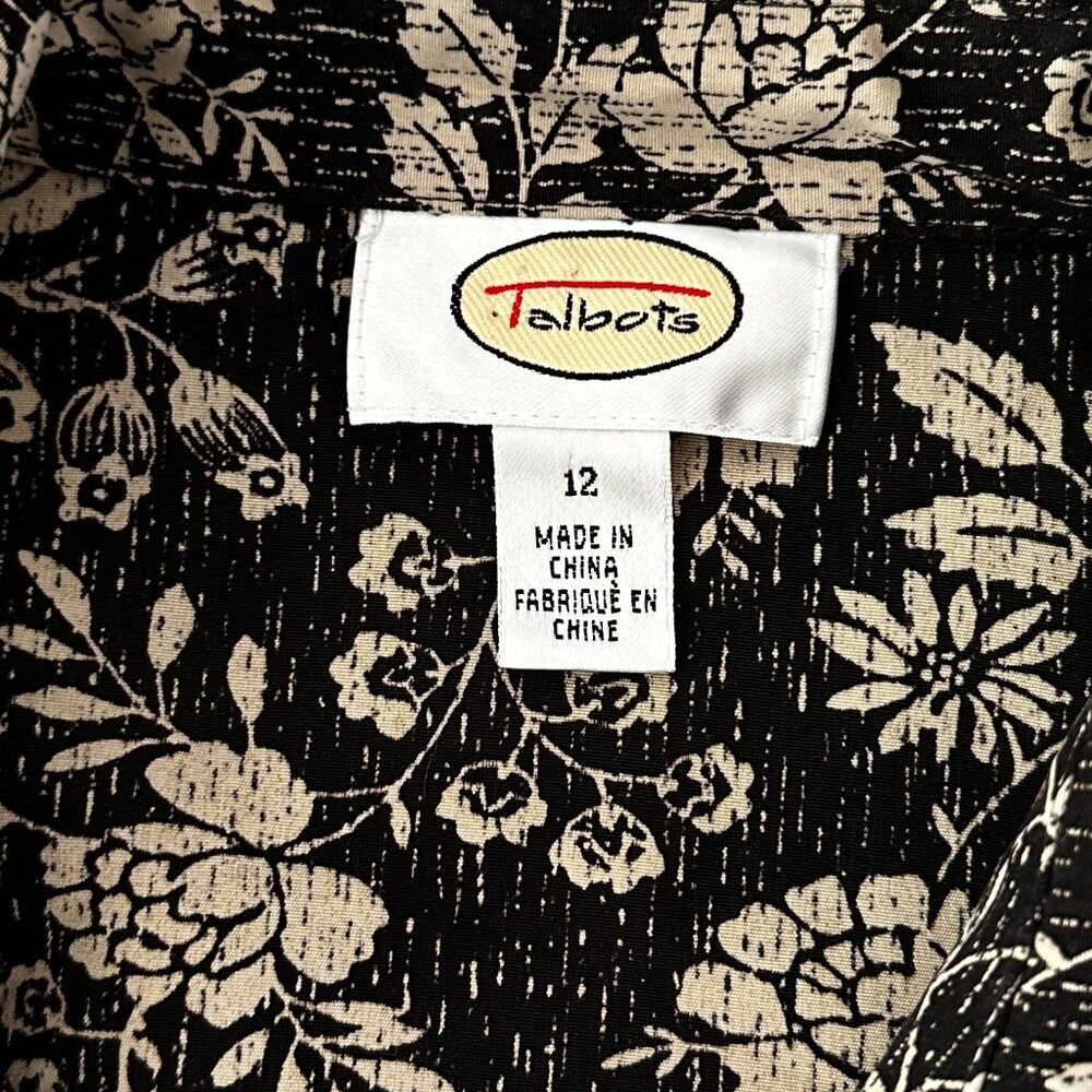 Talbots 90s Y2K Maxi Collared Shirt Dress Women's 12 Black Cream Floral Button - Picture 4 of 5
